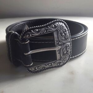 Women's Black Leather Belt with Silver Buckle - High Waist Fit - Size S - 28-33"